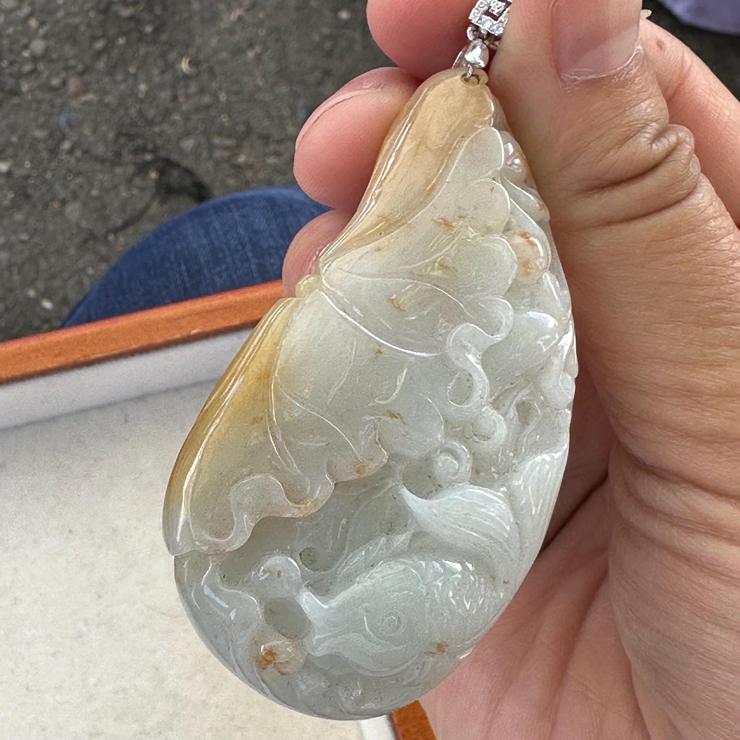 68mm Jadeite Jade Red Yellow Carved Fish Flower Pendant