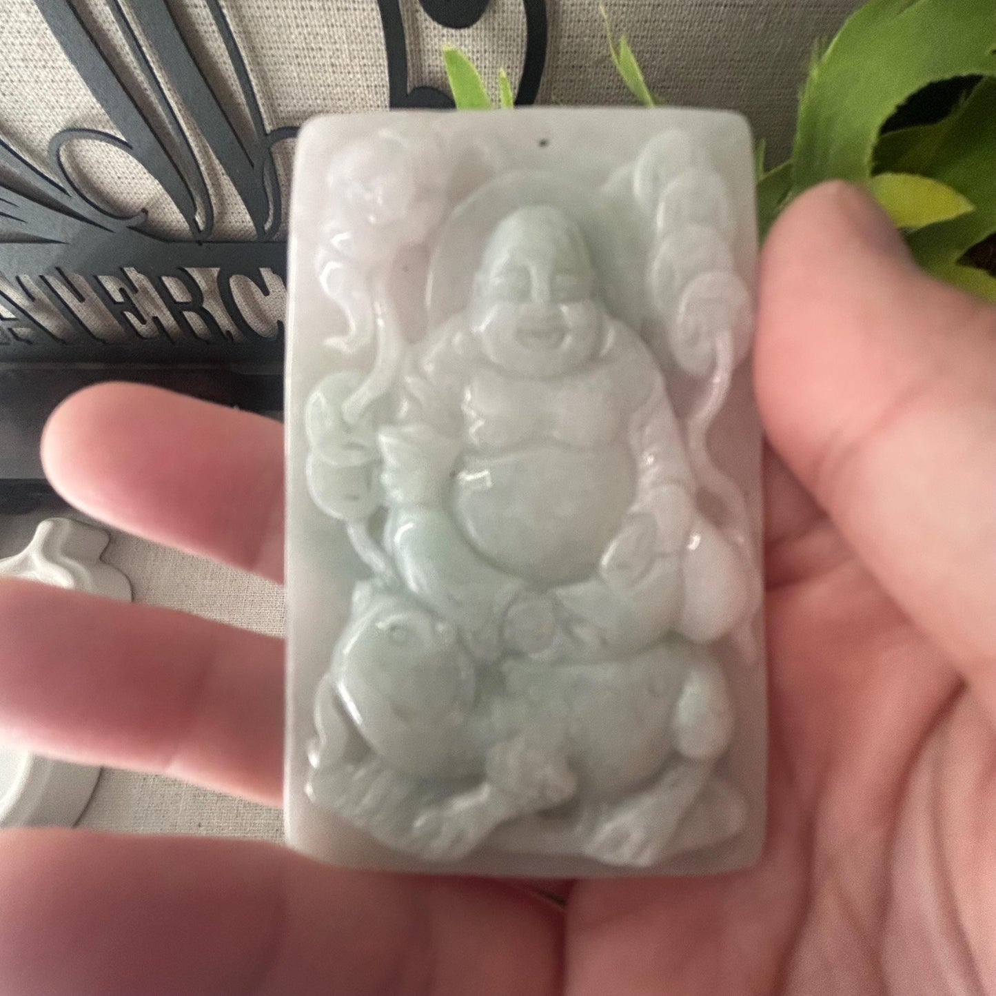 71 mm Jade Carved Happy Buddha Lucku Toad Pendant