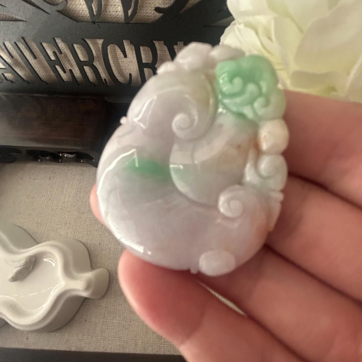 47mm Icy Green Light Lavender Red Float Flowers Jadeite Jade Ruyi Cloud Carved Pendant