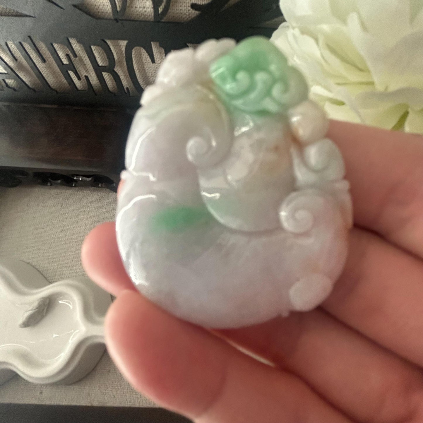 47mm Icy Green Light Lavender Red Float Flowers Jadeite Jade Ruyi Cloud Carved Pendant