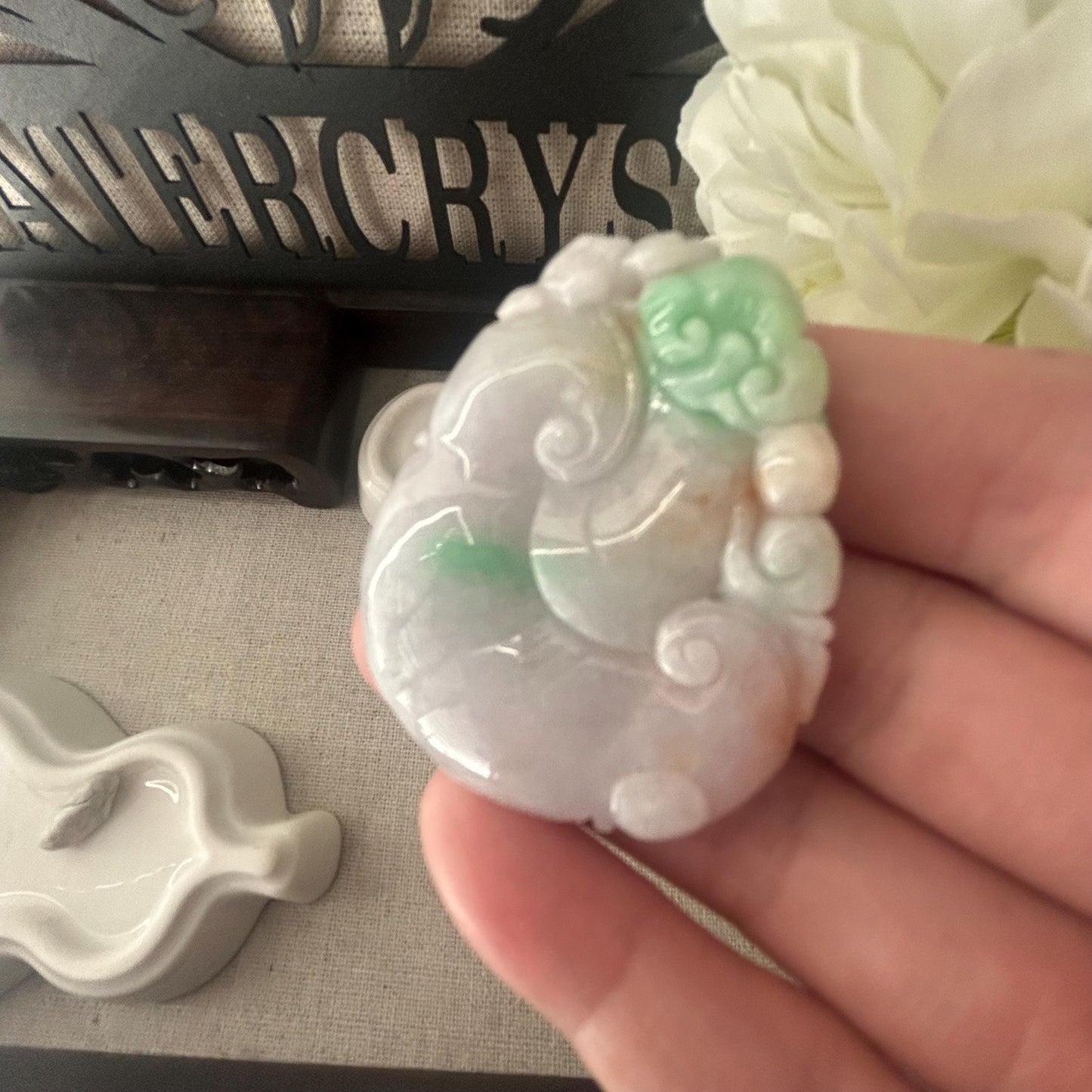 47mm Icy Green Light Lavender Red Float Flowers Jadeite Jade Ruyi Cloud Carved Pendant