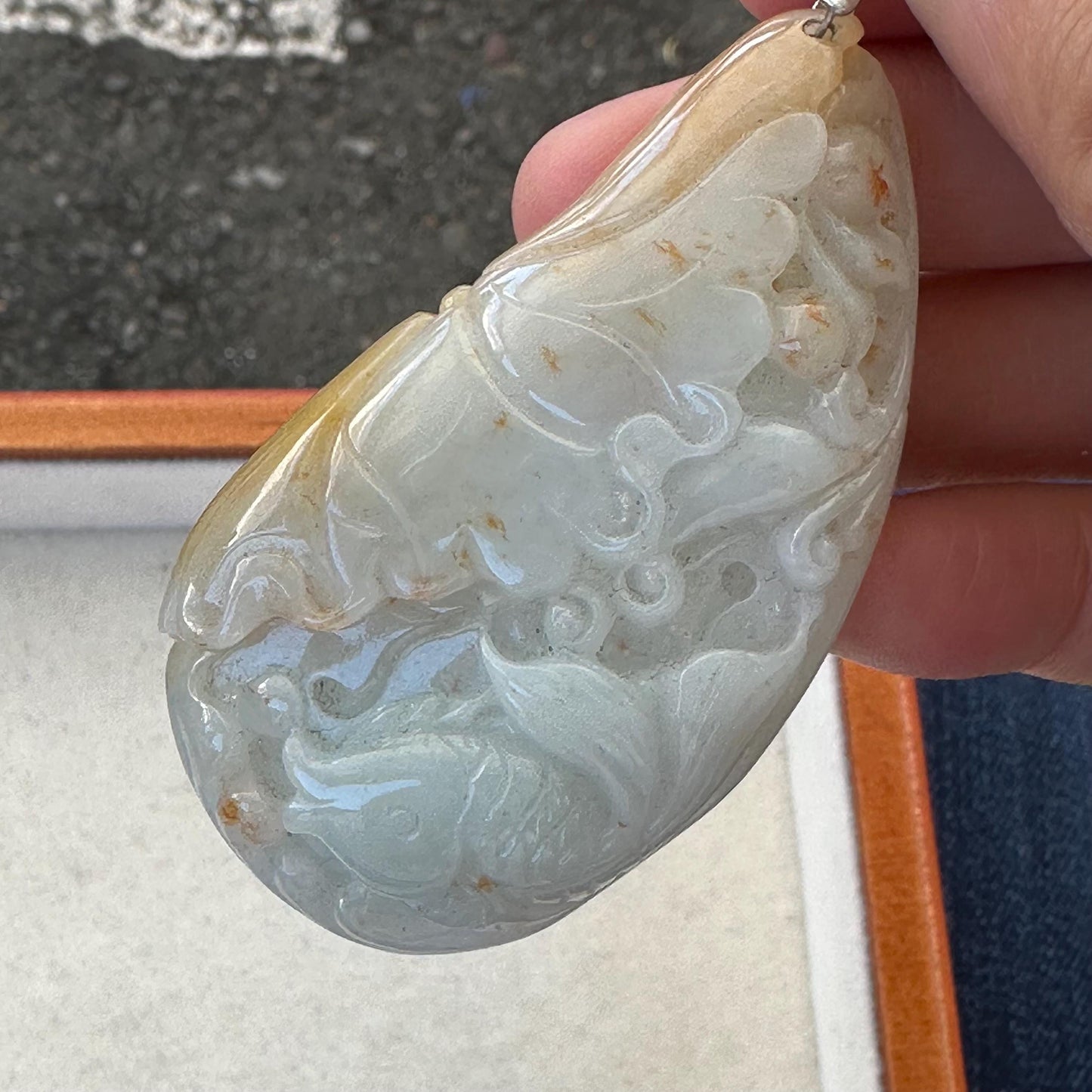 68mm Jadeite Jade Red Yellow Carved Fish Flower Pendant