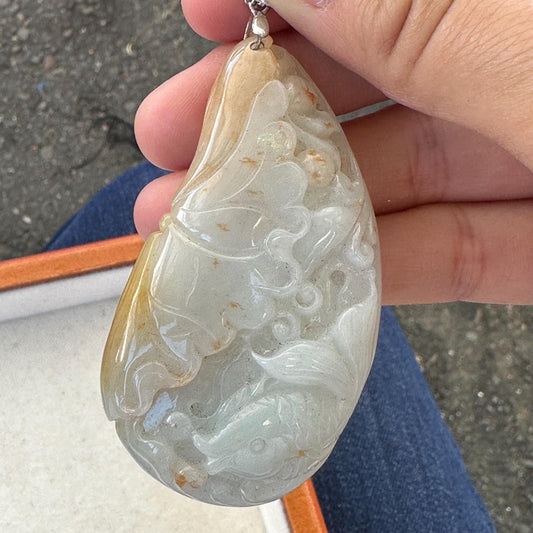 68mm Jadeite Jade Red Yellow Carved Fish Flower Pendant