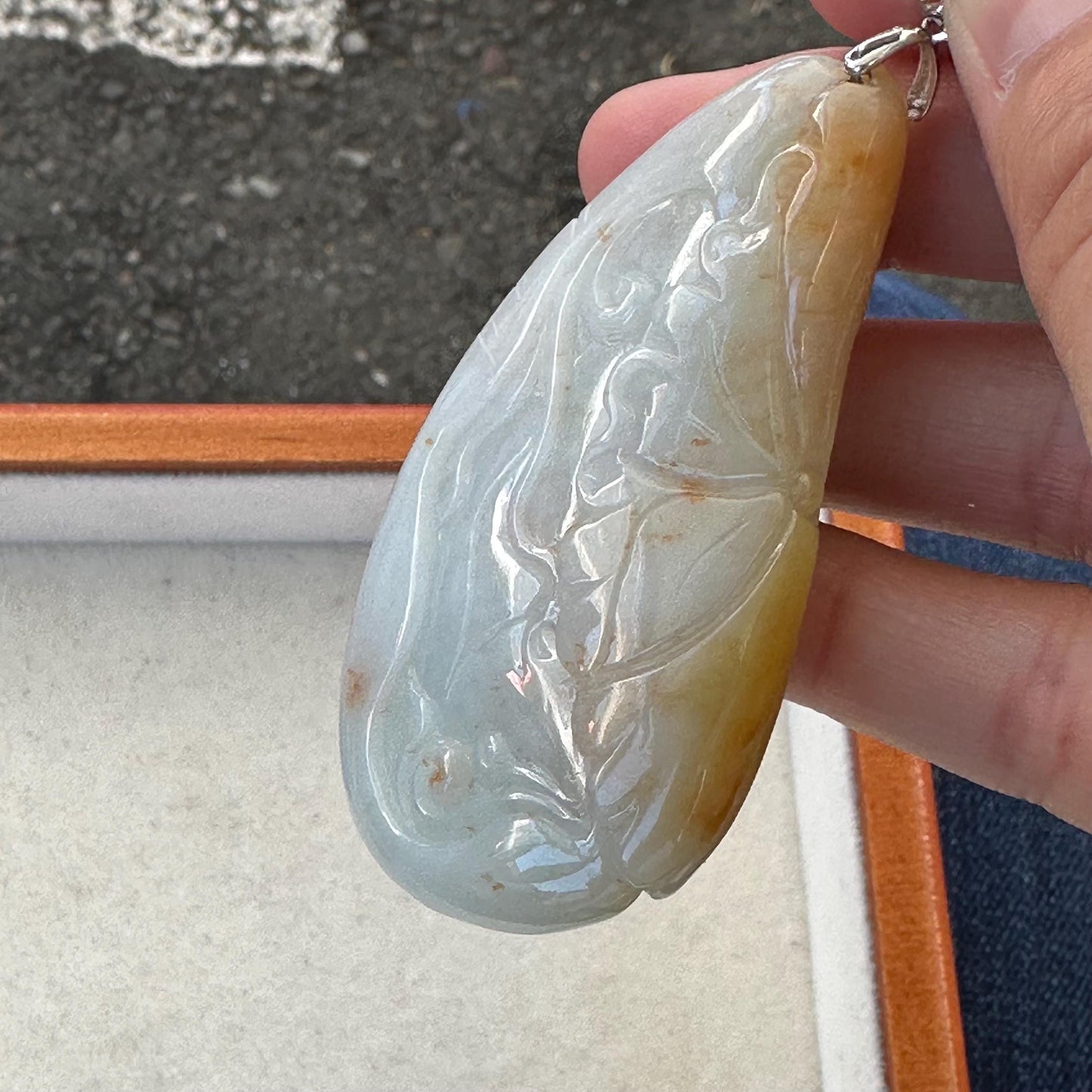 68mm Jadeite Jade Red Yellow Carved Fish Flower Pendant