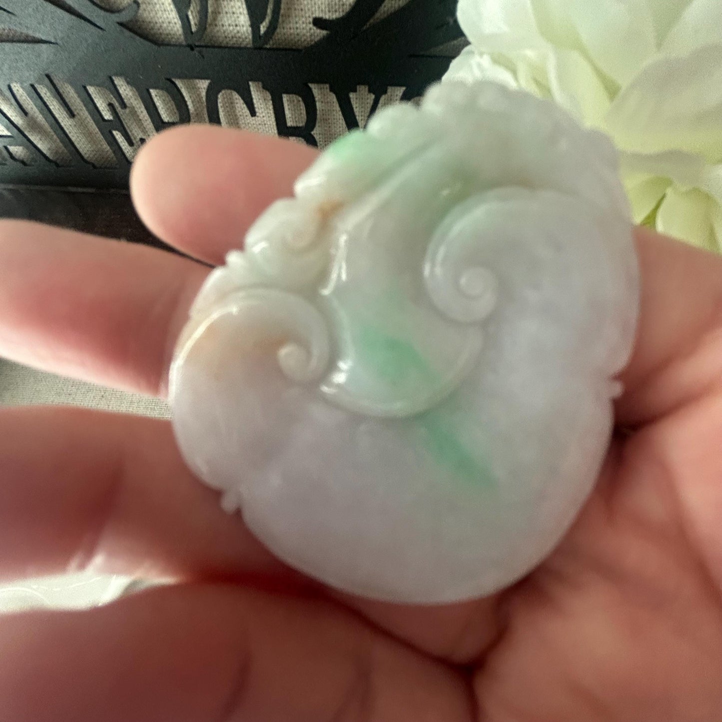 47mm Icy Green Light Lavender Red Float Flowers Jadeite Jade Ruyi Cloud Carved Pendant
