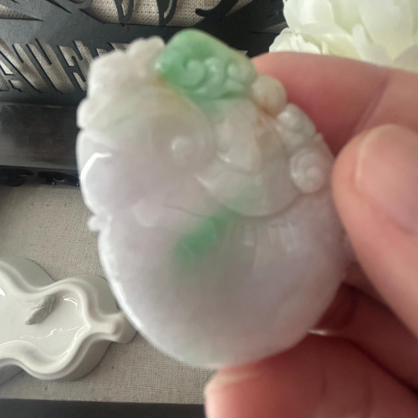 47mm Icy Green Light Lavender Red Float Flowers Jadeite Jade Ruyi Cloud Carved Pendant