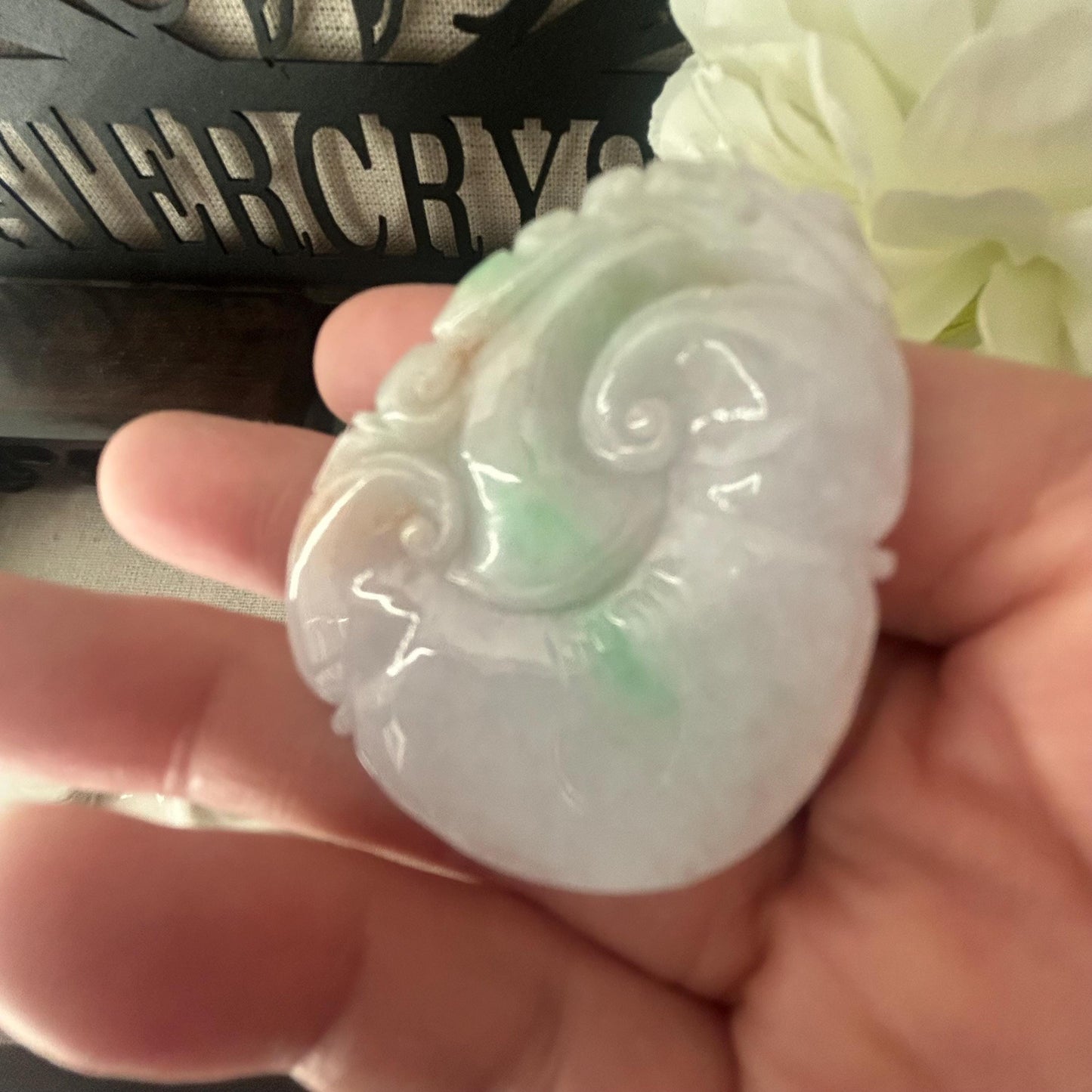 47mm Icy Green Light Lavender Red Float Flowers Jadeite Jade Ruyi Cloud Carved Pendant