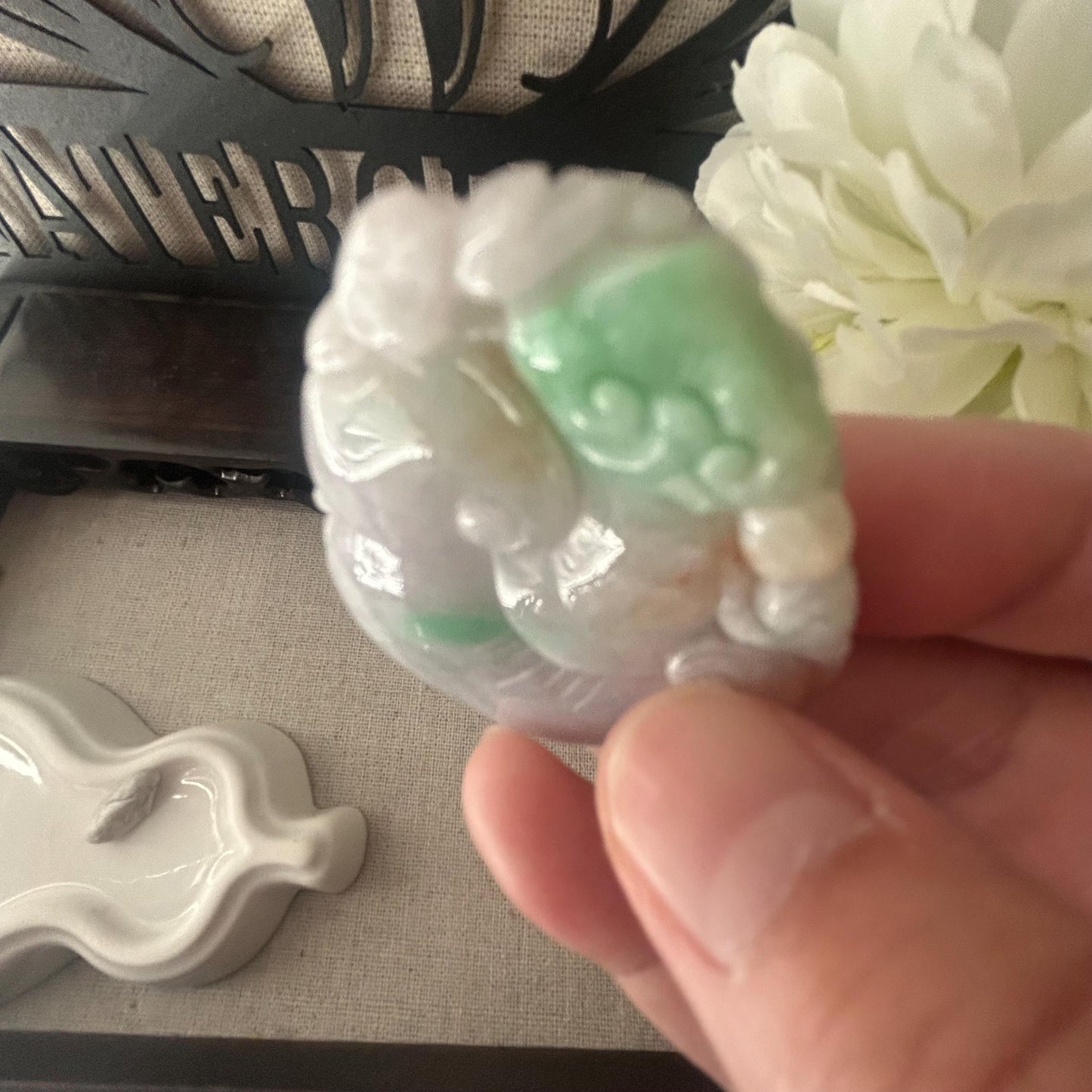 47mm Icy Green Light Lavender Red Float Flowers Jadeite Jade Ruyi Cloud Carved Pendant
