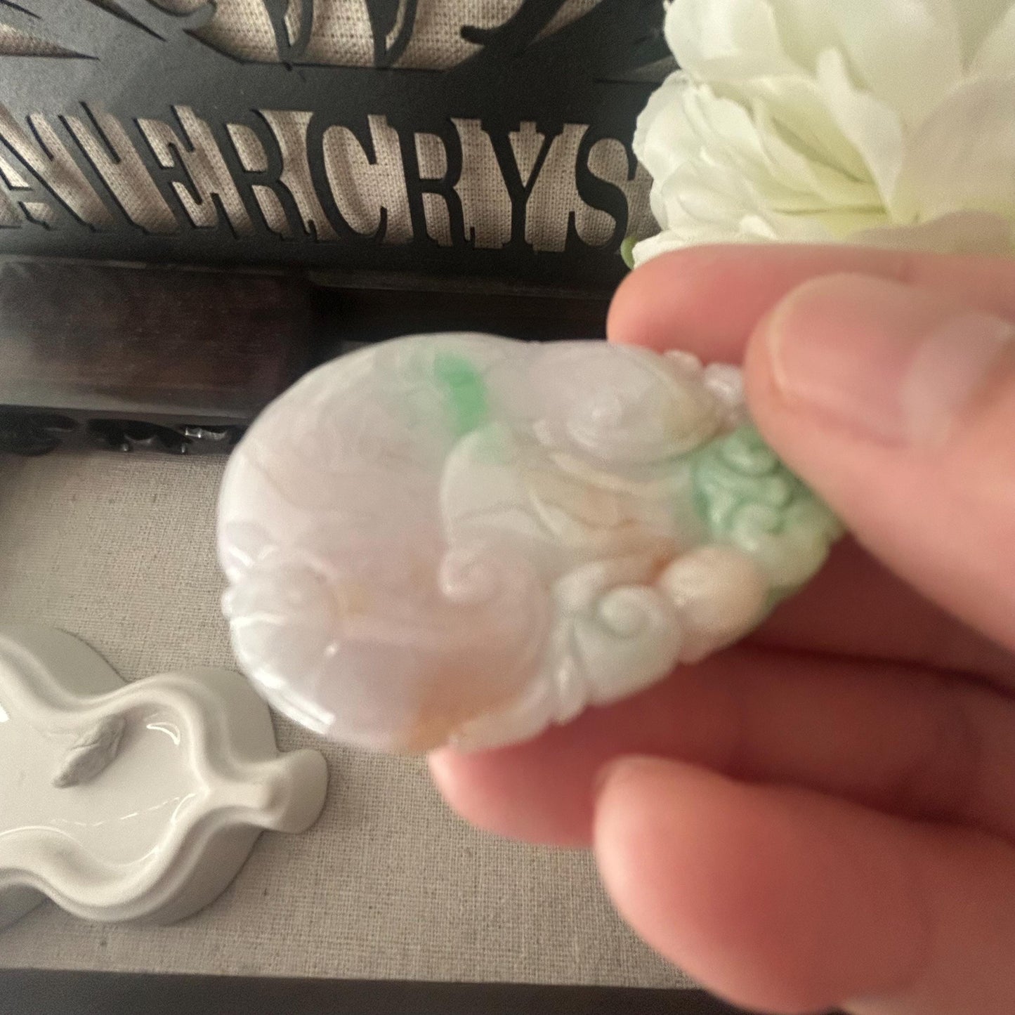 47mm Icy Green Light Lavender Red Float Flowers Jadeite Jade Ruyi Cloud Carved Pendant